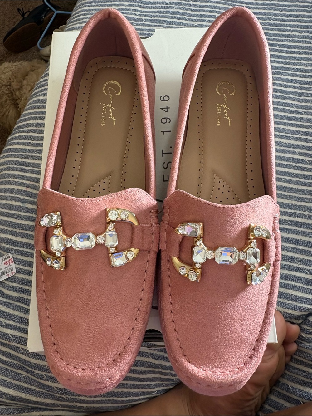 Comfort Fashion Pink Jeweled Suede Loafers